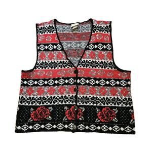 Vtg Classic Elements Floral Sweater Vest Womens L Black Red Argyle Cottage Goth